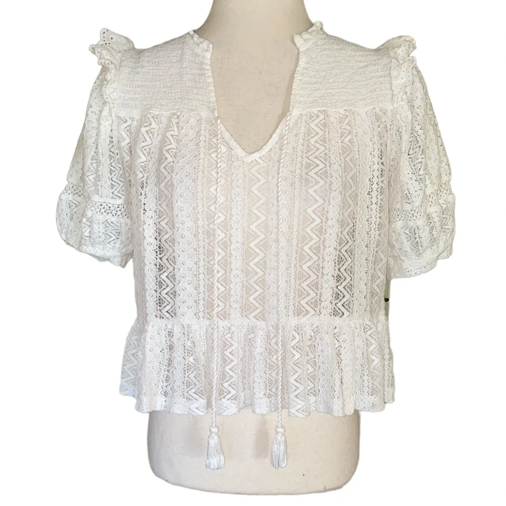 Mango MNG White Eyelet Lace Smocked Ruffle Tie Front Tassel Cropped Blouse - XS - Picture 1 of 9